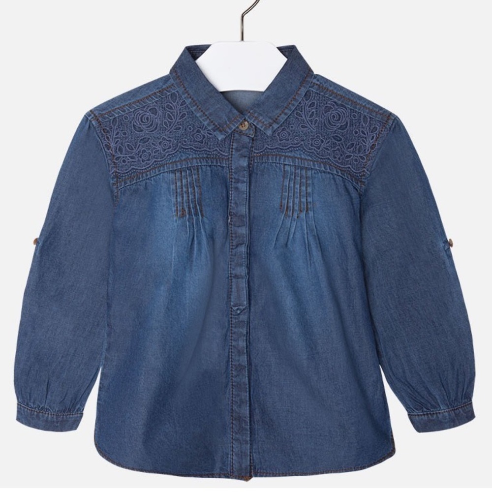 🌟MAYORAL🌟 GIRLS EMBROIDERED COTTON CHAMBRAY DENIM SNAP FRONT HIRT BLUE SZ 7